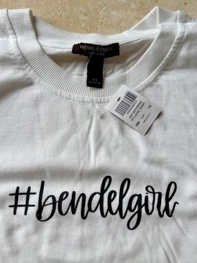 Henri Bendel White Tee with Striped Logo Tag